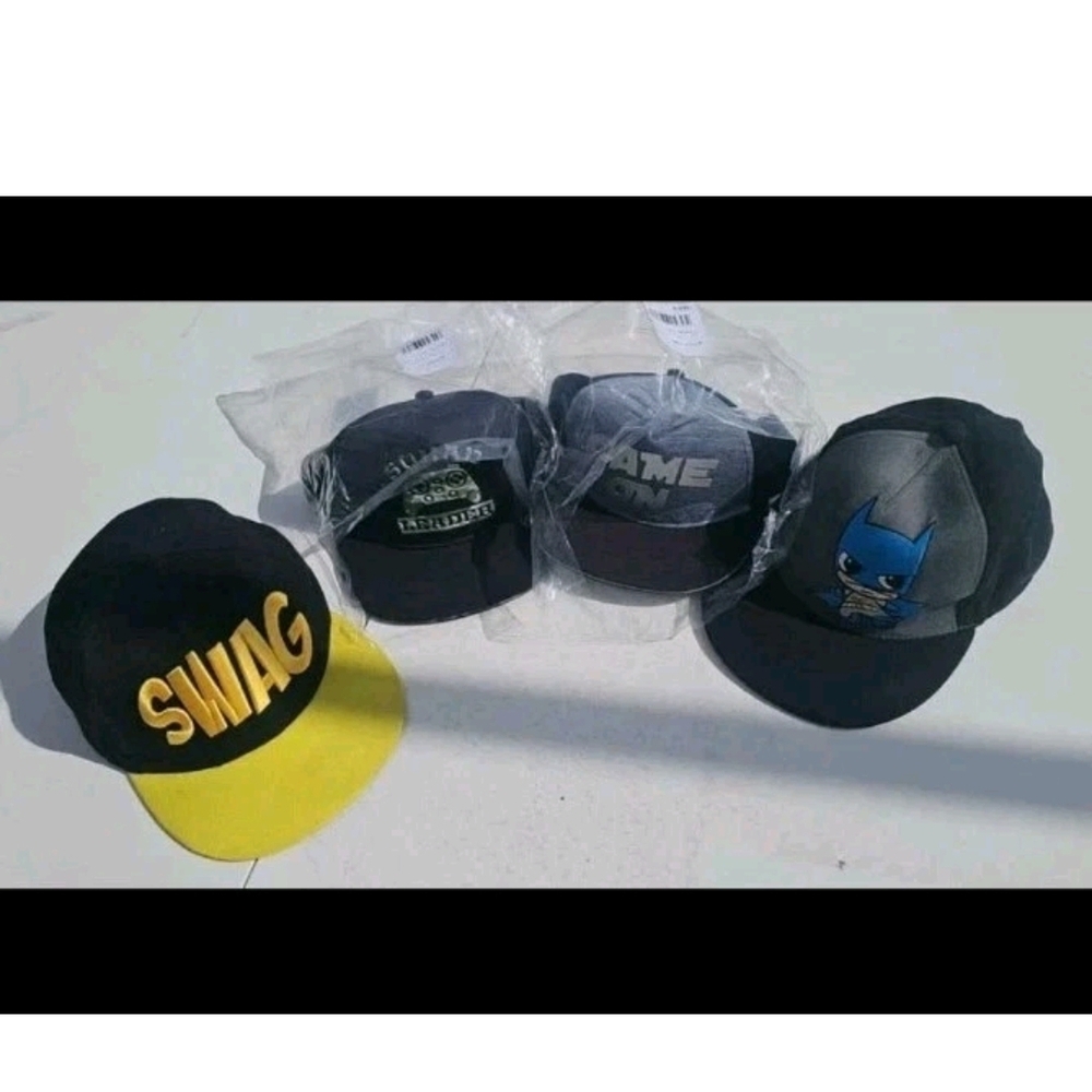 Youth Baseball Hats Flat Bill Hats Adjustable 2 Game Themed  New & 2 Gently Used